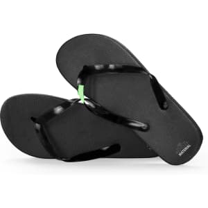 Black flip flops with black straps and a green accent, featuring a logo on the sole.