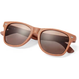 A pair of brown sunglasses with a sleek design and tinted lenses. The sunglasses have a logo on the side.