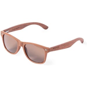 A pair of brown sunglasses with wooden-style frames. The sunglasses feature a logo on the side.