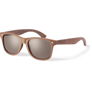 Wooden-framed sunglasses with grey lenses, featuring a logo on the arm, suitable for leisure and outdoor activities.