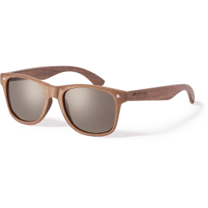 Wooden sunglasses with brown lenses, featuring a logo on one arm. Ideal for leisure and outdoor activities.