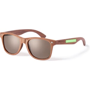 A pair of wooden-style sunglasses with brown frames and brown lenses, featuring a logo on the side.