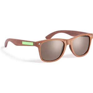 Wooden-framed sunglasses with brown lenses and a green accent. The design is stylish for leisure and outdoor activities.