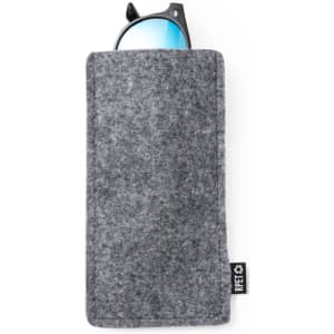 A grey felt pouch with a pair of black sunglasses peeking out, featuring a logo on the side.