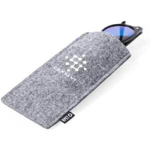 A grey pouch holds a pair of sunglasses, featuring a logo on the front.