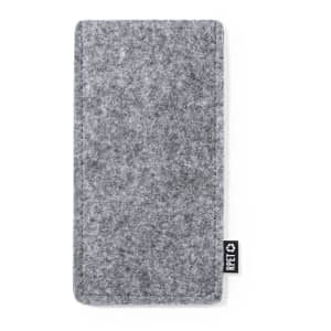 A grey felt pouch with a logo, designed for storing sunglasses and accessories.