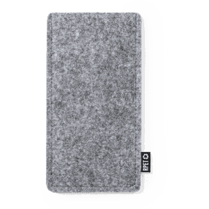 A grey felt pouch with a logo, designed for storing sunglasses and accessories.