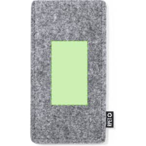 A grey pouch made from felt, featuring a green rectangular window, with a logo on the side.