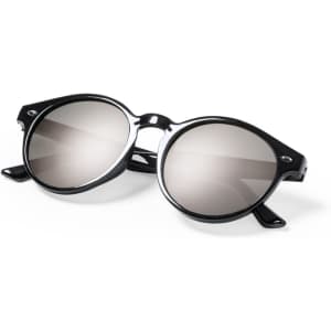 Round black sunglasses with mirrored lenses, featuring a logo on the frame. Ideal for leisure and outdoor activities.