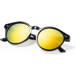 Round black sunglasses with yellow-tinted lenses, featuring a logo. Ideal for leisure and outdoor activities.