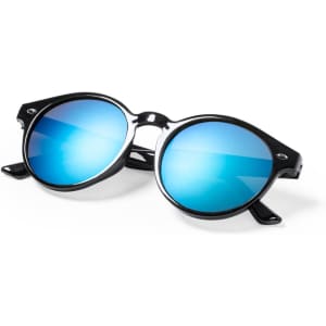 A pair of round sunglasses with blue mirrored lenses and a black frame, featuring a logo on the side.