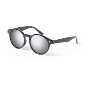 Black round sunglasses with mirrored lenses, featuring a logo on the side of the frame.