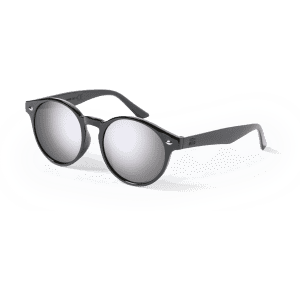 A pair of round sunglasses with a black frame and mirrored lenses. The sunglasses have a logo on the arm.