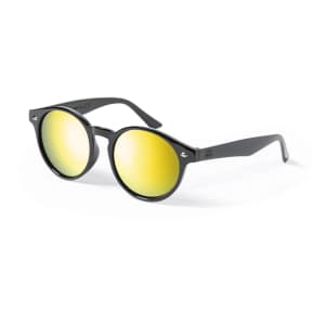 Sunglasses with a black frame and reflective yellow lenses, featuring a logo on the side.