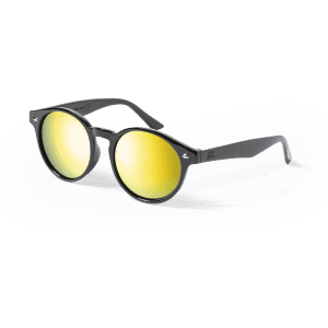 A pair of grey sunglasses with yellow mirrored lenses, featuring a logo on the side.