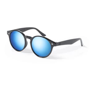 Sunglasses with round black frames and reflective blue lenses, featuring a branding logo.