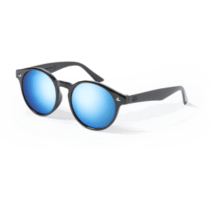 Round sunglasses with a black frame and reflective blue lenses, featuring a logo on the side.