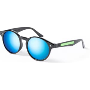 Round black sunglasses with mirrored blue lenses and a green accent on the side. Features a logo on the frame.