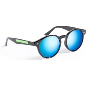 A pair of black sunglasses with blue reflective lenses and a green accent on the frame.