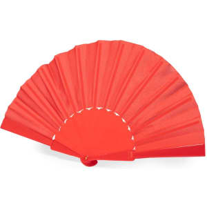 A red hand fan with a ribbed design and a circular handle, featuring a branding logo.