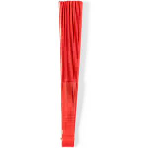A red hand fan with a pleated design, featuring a small logo or branding element.