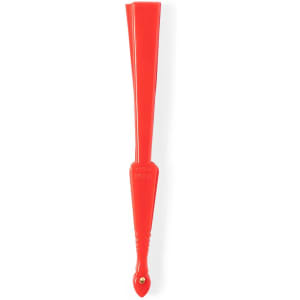 A red hand fan with a narrow design and a looped end for easy holding. It features a logo on one side.