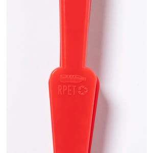 A red hand fan made from recyclable materials, featuring a logo on the handle.