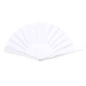 A white hand fan with a pleated design and a circular handle, featuring a logo on the handle.