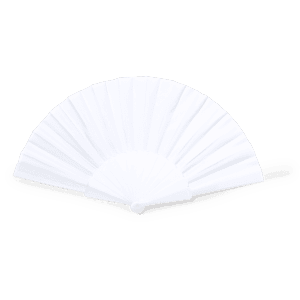 A white hand fan with a pleated design and a handle, suitable for events and exhibitions.
