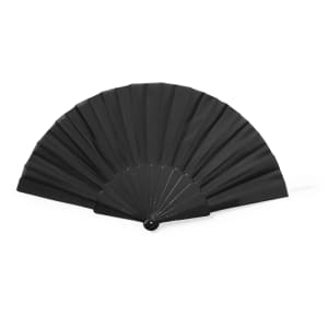 A black hand fan with a foldable design and a decorative handle, featuring a logo.