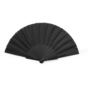 A black hand fan with pleated design, featuring a circular handle and a logo. Ideal for events and exhibitions.