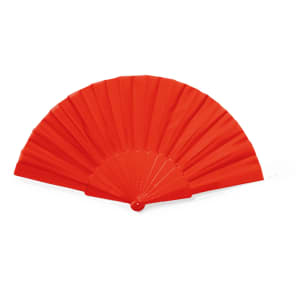 A red hand fan with a pleated design and a rounded handle, featuring a logo on the handle.