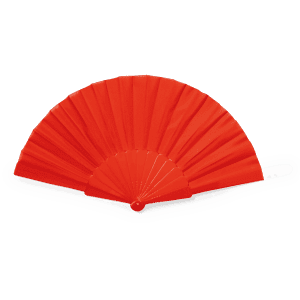A red hand fan with a pleated design, featuring a white handle and a small logo.