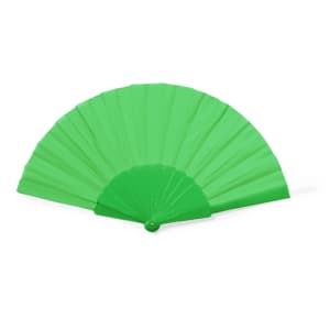A green Pumik hand fan with a curved design and a central pivot point. It has a smooth finish and a solid colour.