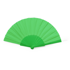 A green hand fan made of plastic with an open, pleated design and a circular handle. It features a logo.