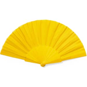 A yellow hand fan with a ribbed design and a circular base, featuring a branding logo.