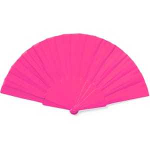 A pink hand fan with multiple pleats and a round base. It features a logo.