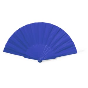 A blue hand fan with a rounded handle, featuring pleated fabric sections. It includes a logo on the handle.