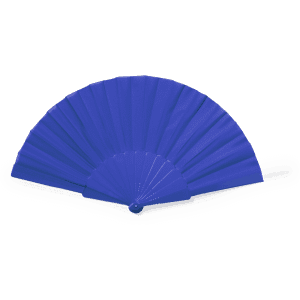 A blue hand fan with a round handle, featuring pleated fabric and a fitted design.