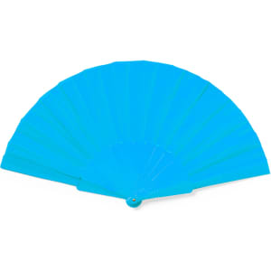 A blue hand fan featuring multiple folds and a circular base, with a logo branding on the handle.