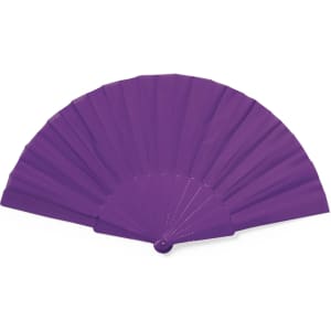 A purple hand fan with a rounded base and pleated design, featuring a logo on the handle.