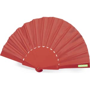 A red hand fan with a curved shape and pleated design, featuring a simple handle and a branding logo.