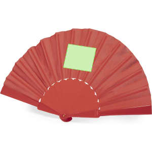 A red hand fan with a pleated design and a blank rectangular area for customisation. It features a logo.