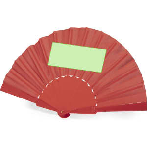A red hand fan with a folded design and a blank area for personalisation. It features a simple fan structure.