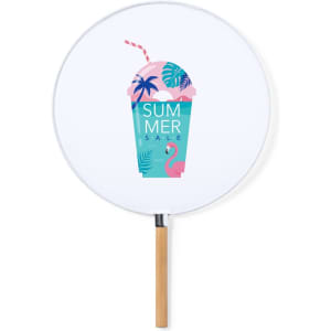 A round sunshade featuring a colourful drink design with palm trees and a flamingo, mounted on a wooden handle.