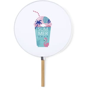 A round sunshade featuring a colourful ice cup design with pink and blue shades, along with a wooden handle.
