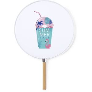 A round sunshade with a colourful ice cream cup design featuring pink and blue, and a wooden handle.