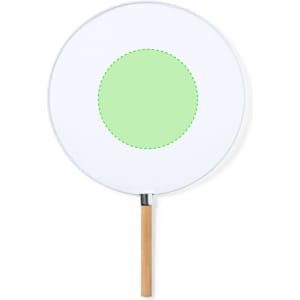 A round sunshade with a white canopy and a light green circular centre, featuring a wooden handle.