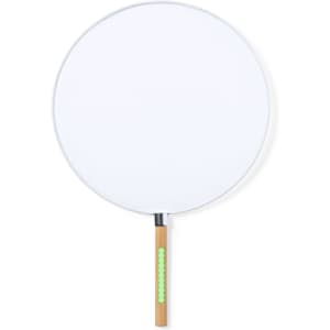 A round sunshade with a wooden handle and a green grip. The shade is predominantly white.