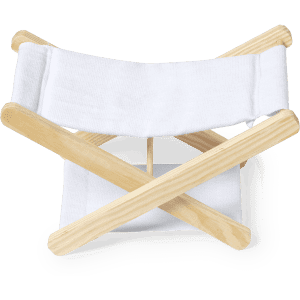 A compact headrest with a white fabric middle and natural wood frame, featuring crossed wooden supports.